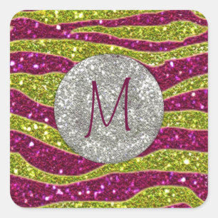 Pegatina Cuadrada Monograma Purpurina Rayas de cebra rosa amarillo