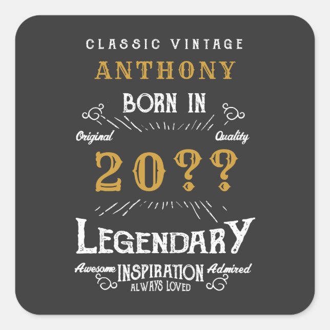 Pegatina Cuadrada Monograma retro vintage personalizado de cumpleaño (Anverso)