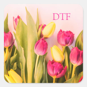 Pegatina Cuadrada Monograma rosa DIY/Nombre, Tulipanes rosados y ama