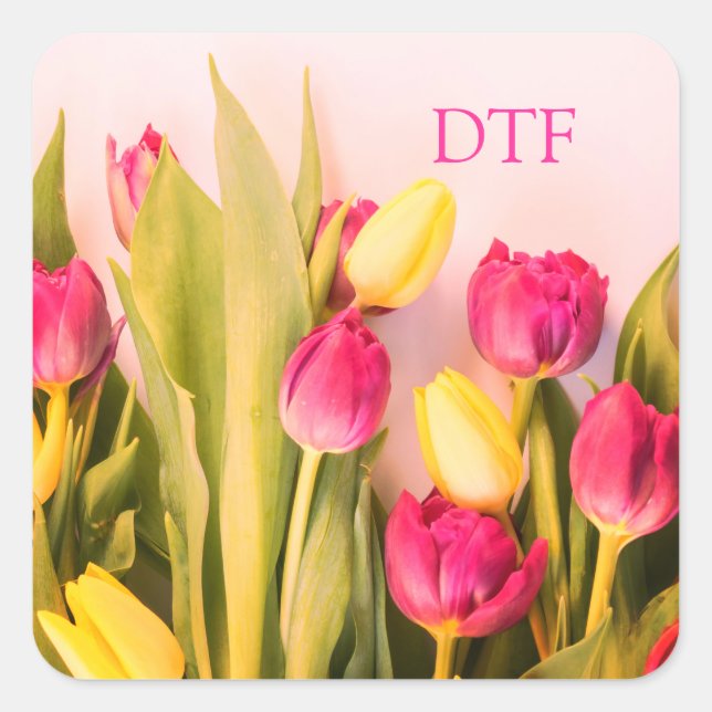 Pegatina Cuadrada Monograma rosa DIY/Nombre, Tulipanes rosados y ama (Anverso)