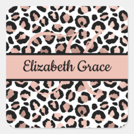 Pegatina Cuadrada Monograma Rosa Impresión de Leopardo Negro Oro