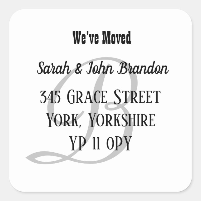 Pegatina Cuadrada Monograma simple Hemos movido la Invitación (Anverso)
