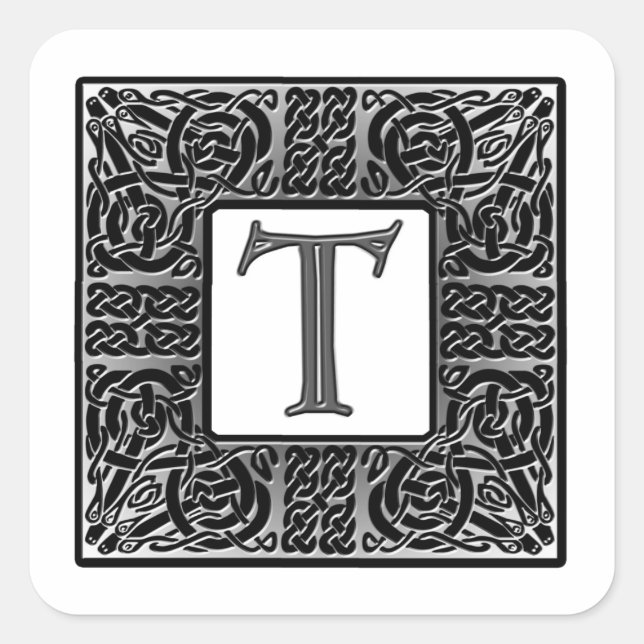 Pegatina Cuadrada Monograma "T" celta plateado (Anverso)