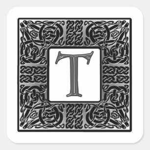 Pegatina Cuadrada Monograma "T" celta plateado