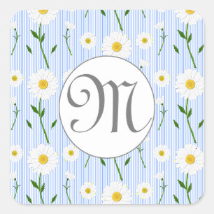 Pegatina Cuadrada Monograma Verano Daisy patrón floral Banda azul