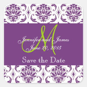 Pegatina Cuadrada Monograma verde morado Damask Save the Date Pegati