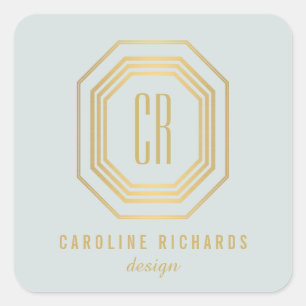 Pegatina Cuadrada Monograma vintage Art Decó Oro/Moneda