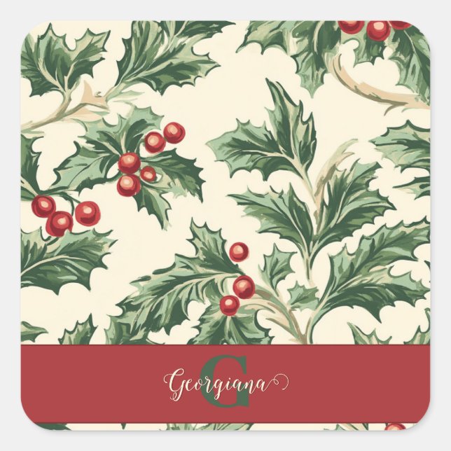 Pegatina Cuadrada Monograma Vintage Navidad Holly & Berries Patrón (Anverso)