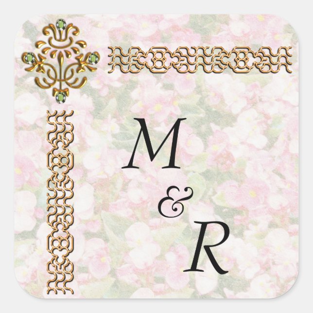 Pegatina Cuadrada Monogramado Boda floral con joyas doradas (Anverso)