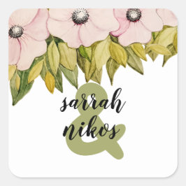 Pegatina Cuadrada Monogramado de Rubor Flowers Sage Green