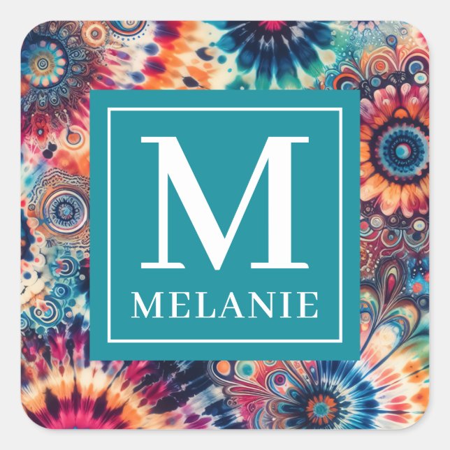 Pegatina Cuadrada Monogramado de tinte de hippie retro (Anverso)