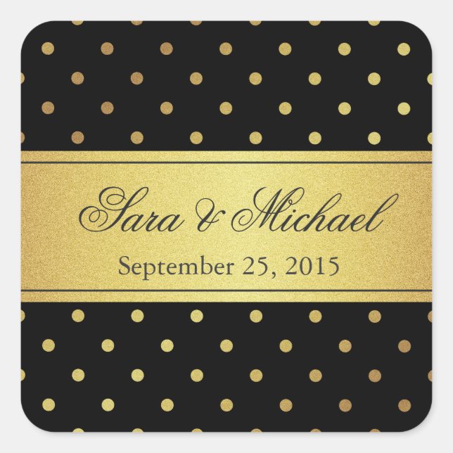 Pegatina Cuadrada Monogramado elegante - Puntos de polka negro y dor (Anverso)