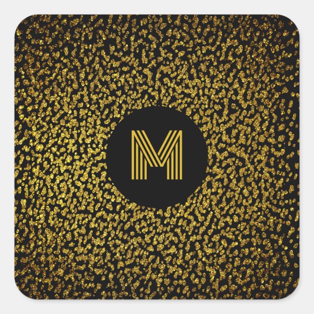 Pegatina Cuadrada Monogramado moderno de puntos dorados negro (Anverso)
