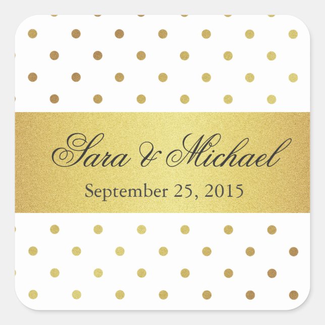 Pegatina Cuadrada Monogramado moderno - Puntos de Polka Blanco y Oro (Anverso)