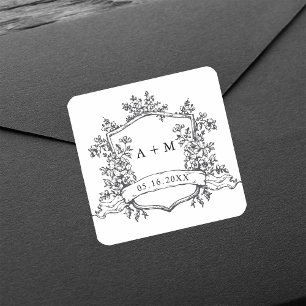 Pegatina Cuadrada Monogramas clásicos del Escudo floral blanco y neg