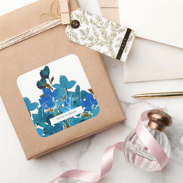 Pegatina Cuadrada Monogramas de flores silvestres de acuarela azul b (Regalar)
