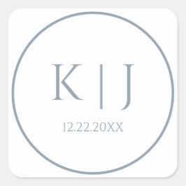 Pegatina Cuadrada Monogramas Dusty Blue Elegant Boda Minimalista