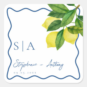 Pegatina Cuadrada Monogramas Limón Cítrico, Borde Ola Azul Boda
