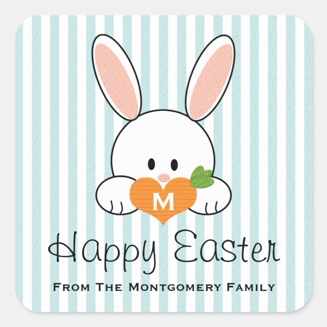 Pegatina Cuadrada Monogramed Happy Easter Bunny Seals Blue (Anverso)