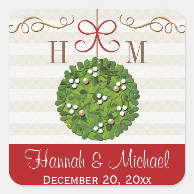 Pegatina Cuadrada Monogramed Mistletoe Kissing Ball (Anverso)
