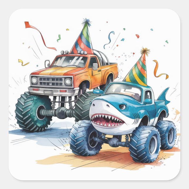 Pegatina Cuadrada Monster Shark Truck Birthday Bash acuarela (Anverso)