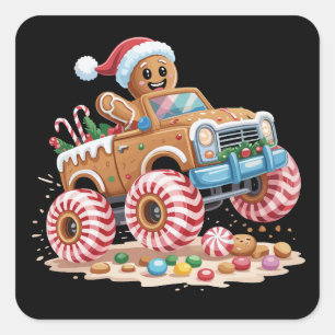 Pegatina Cuadrada Monster Truck Gingerbread Man Navidades