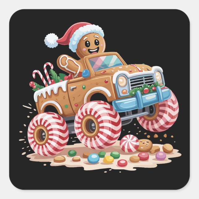 Pegatina Cuadrada Monster Truck Gingerbread Man Navidades (Anverso)