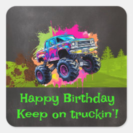 Pegatina Cuadrada Monster Truck Neon Boy Birthday Party