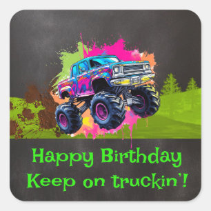 Pegatina Cuadrada Monster Truck Neon Boy Birthday Party