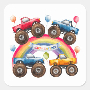 Pegatina Cuadrada Monster Truck Rainbow Boy Birday Bash