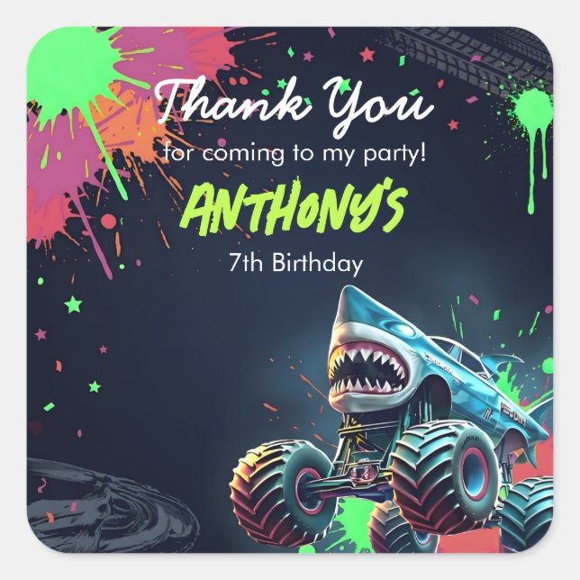 Pegatina Cuadrada Monster Truck Shark Birthday Napkins (Anverso)