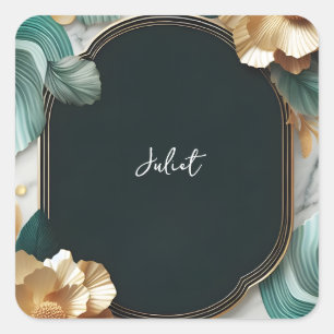 Pegatina Cuadrada Monstera Emerald Green Y Gold Brillante