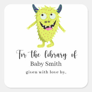 Pegatina Cuadrada Monstruo amarillo - Biblioteca de Baby Shower