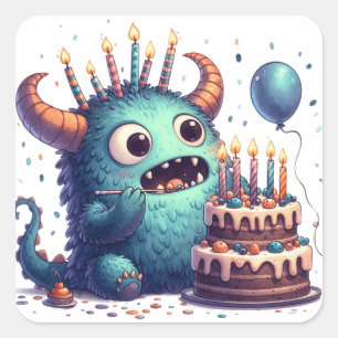 Pegatina Cuadrada Monstruo Azul lindo con pastel de cumpleaños