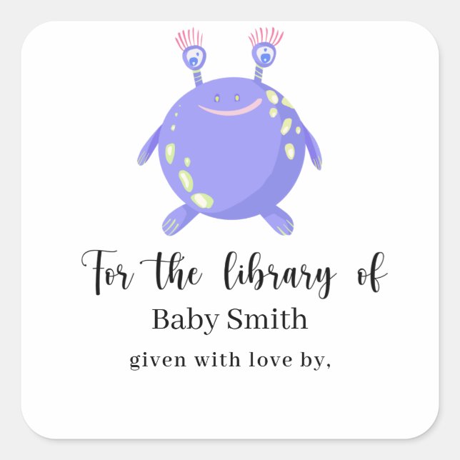 Pegatina Cuadrada Monstruo - Biblioteca para Baby Shower (Anverso)
