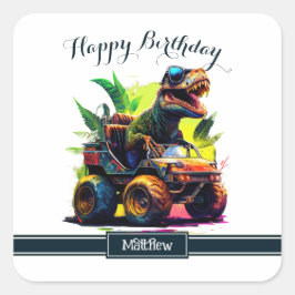 Pegatina Cuadrada Monstruo de ciclismo de cola T-Rex cumpleaños de d