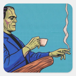 Pegatina Cuadrada Monstruo de Frankenstein del Pop Art bebiendo té e