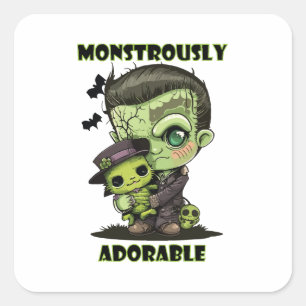 Pegatina Cuadrada Monstruo de Frankenstein lindo con peluche
