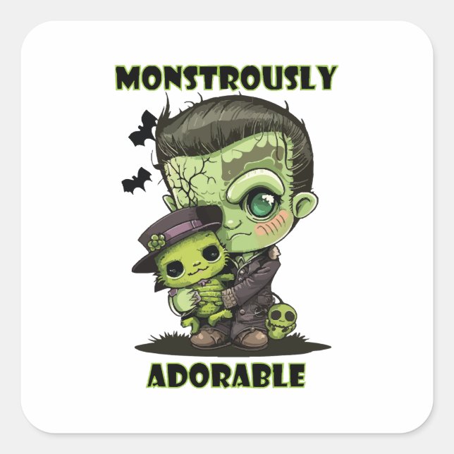 Pegatina Cuadrada Monstruo de Frankenstein lindo con peluche (Anverso)