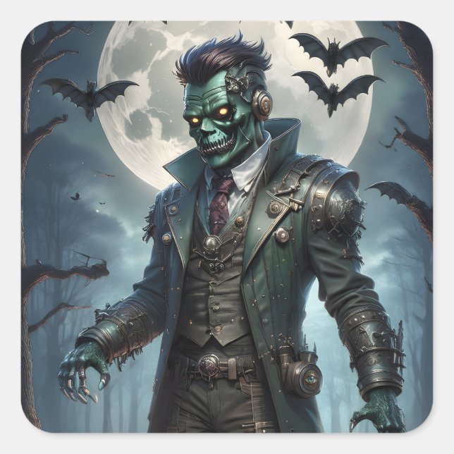 Pegatina Cuadrada Monstruo de Frankenstein Steampunk de Halloween (Anverso)