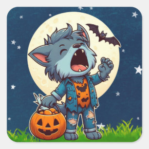 Pegatina Cuadrada Monstruo de hombre lobo con calabaza