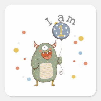 Pegatina Cuadrada Monstruo de personalizable con globo de cumpleaños