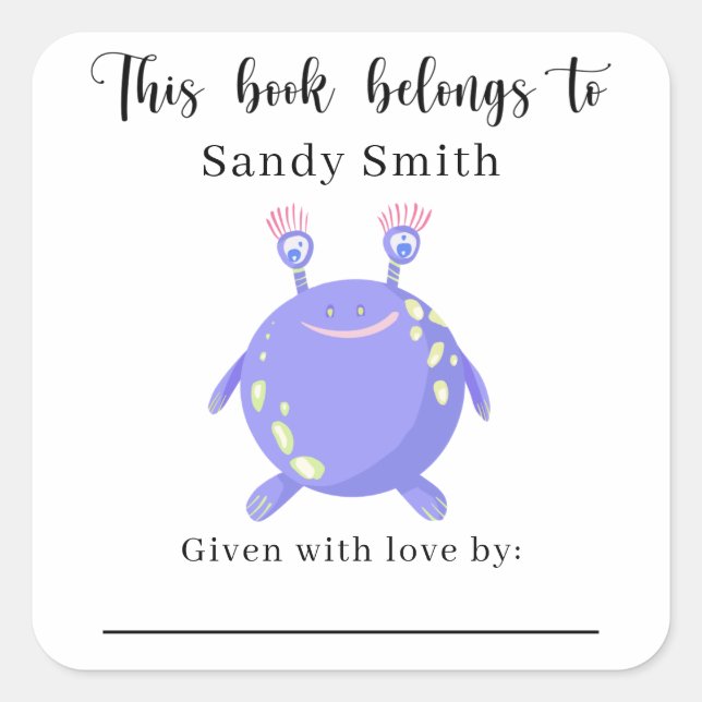 Pegatina Cuadrada Monstruo - Este libro pertenece a con mensaje (Anverso)