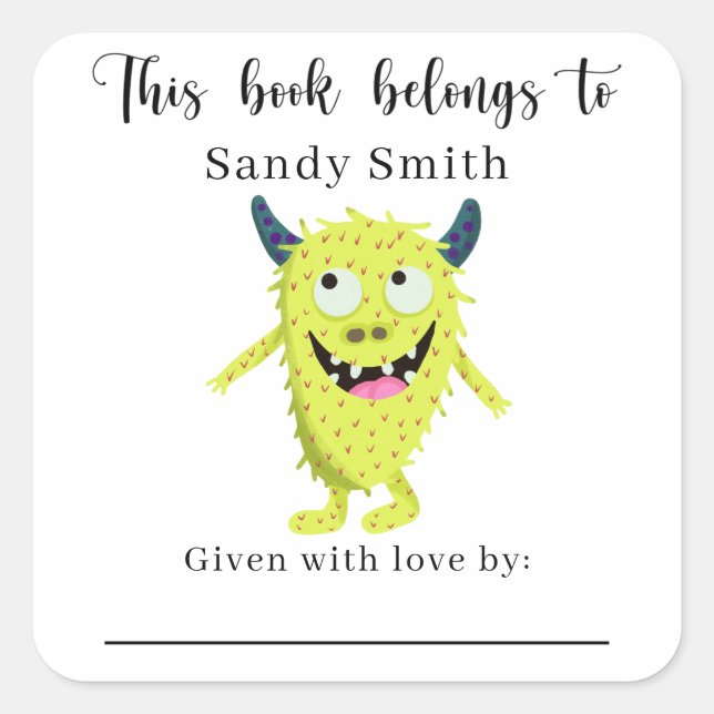 Pegatina Cuadrada Monstruo - Este libro pertenece a con mensaje (Anverso)