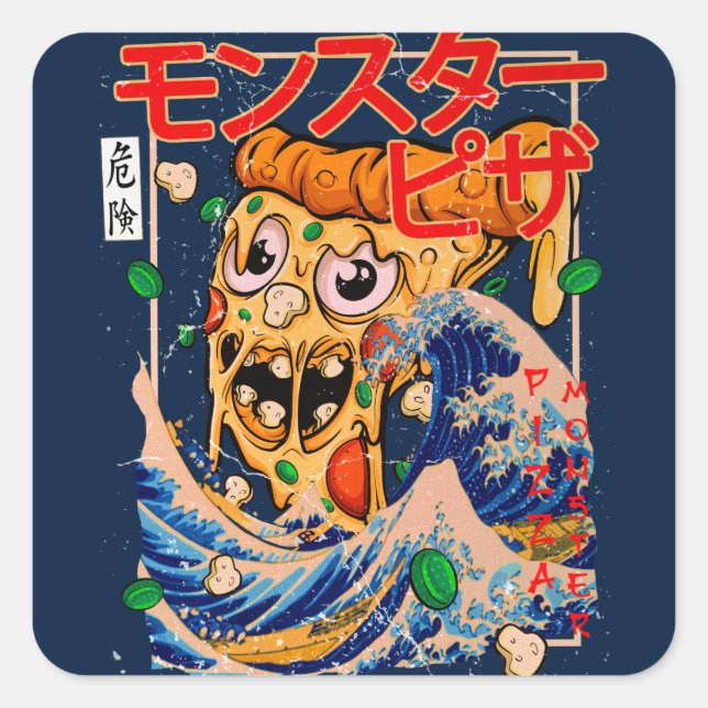 Pegatina Cuadrada Monstruo gigante de la pizza visto en Kanagawa (Anverso)