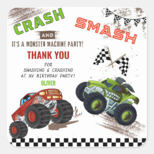 Pegatina Cuadrada Monstruo lindo Gracias Camión Niños Cumpleaños