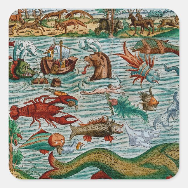 Pegatina Cuadrada Monstruos del mar de época (Anverso)