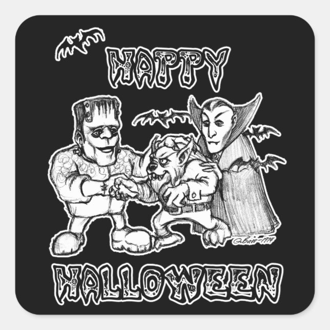 Pegatina Cuadrada Monstruos divertidos - Feliz Halloween (Anverso)