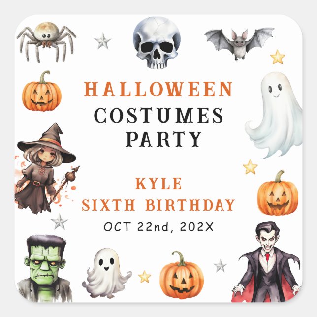 Pegatina Cuadrada Monstruos modernos fiesta de cumpleaños de disfrac (Anverso)