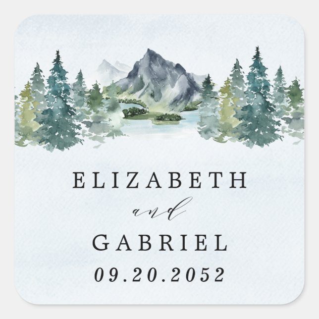 Pegatina Cuadrada Montaña acuarela Elegante Boda temático rústico (Anverso)